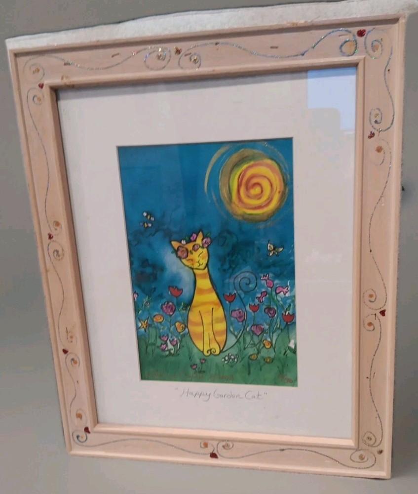 2003 KATHY CRABBE Art HAPPY GARDEN CAT Framed Matted Signed & Numbered 13″ × 16″