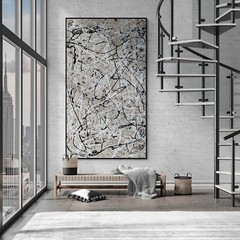 Neutral Abstract Painting Beige Black White Canvas Modern Wall Art XXL