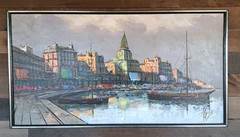 Vintage MCM A. Apostoli (Andrew Apostoli) Oil On Canvas Painting Italian Harbor