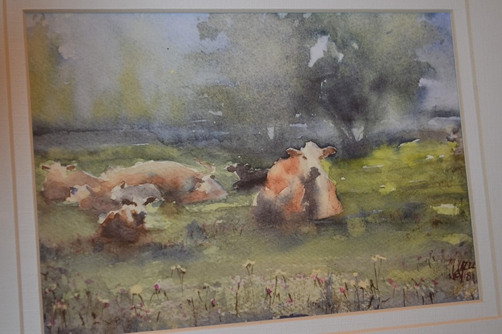 WATERCOLOR Print, overall size 10 3/4 x 8 1/2, Cows in Meadow, framed(70)