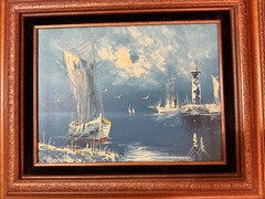 Vintage original oil on canvas SAILBOATS AT THE OLD LIGHTHOUSE Rikard Lindstrom