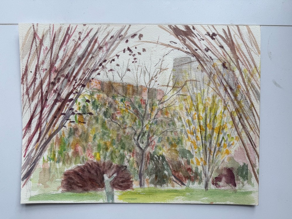 Vintage Watercolor Painting Central Park NYC Field Fall Landscape 13 x 10