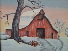 BARN PAINTING 8 X 10 -AMERICANA WINTER SCENE (WITH FRAME 14″ X 12″)