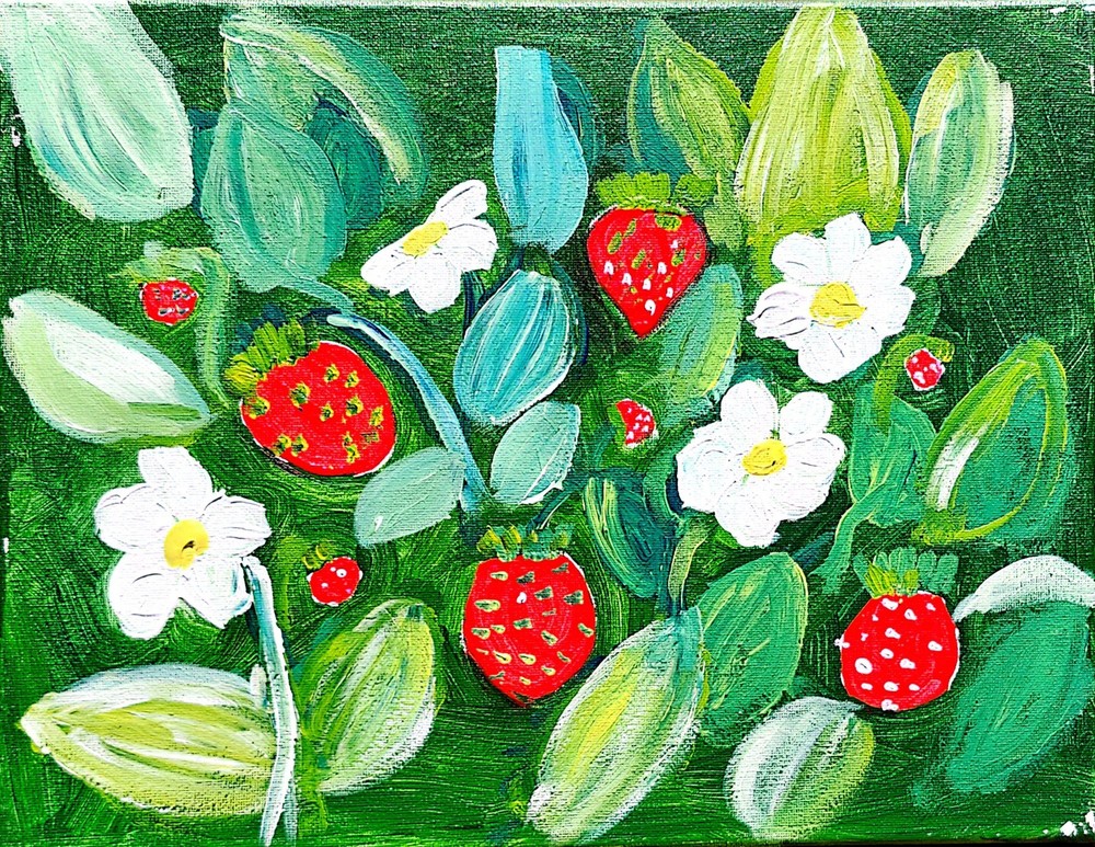 Strawberry Patch Abstract Expressionist Original Painting 11×14 Acrylic Canvas