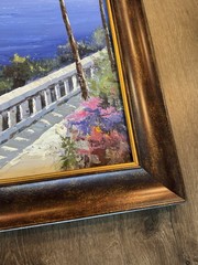 Original Signed Oil Painting Mediterranean Coastal Village Seascape Framed – VG+