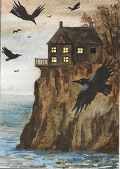 PRINT OF ACEO PAINTING RYTA SEASCAPE CROW RAVEN HAUNTED HOUSE HALLOWEEN ART BIRD