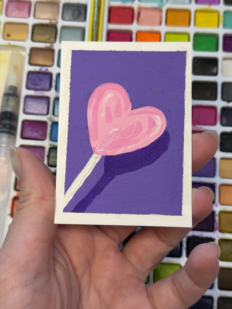 ACEO Original Watercolor Painting 2.5×3.5in/ Pink Heart Lollipop/ Mini art