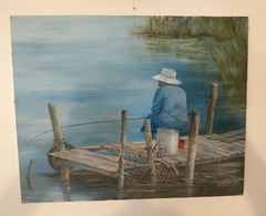 Old Woman Fishing in the Bayou Louisiana Oil on Canvas 16 x 20 Nellie B. Johnson