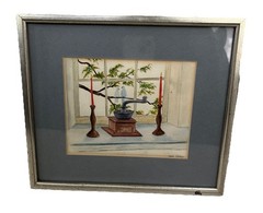 Watercolor Painting Original By Doris Collins Window Scene Birds Framed Matted
