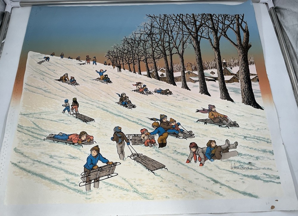 H. Hargrove Signed Painting: Children Snow Sledding, 26.5” X 23.5”, Unframed
