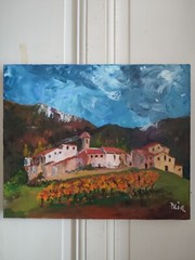 MIA (20th) „Mountain Village And Vines“ Oil On Canvas 38 X 46 Cm