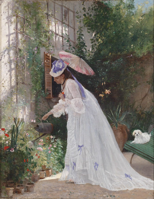 Art oil painting beautiful young girl watering the spring flowers with her dog