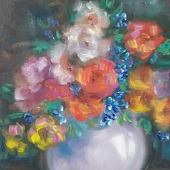 Vibrant Floral Bouquet Original Oil Painting White Vase Still Life Wall Decor
