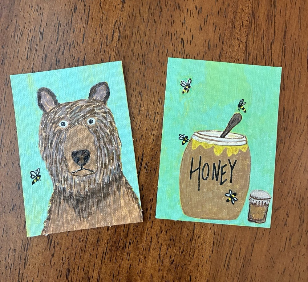 ACEO Original Acrylic Paintings (Set Of 2) 2.5 x 3.5 ~ Honey Bear