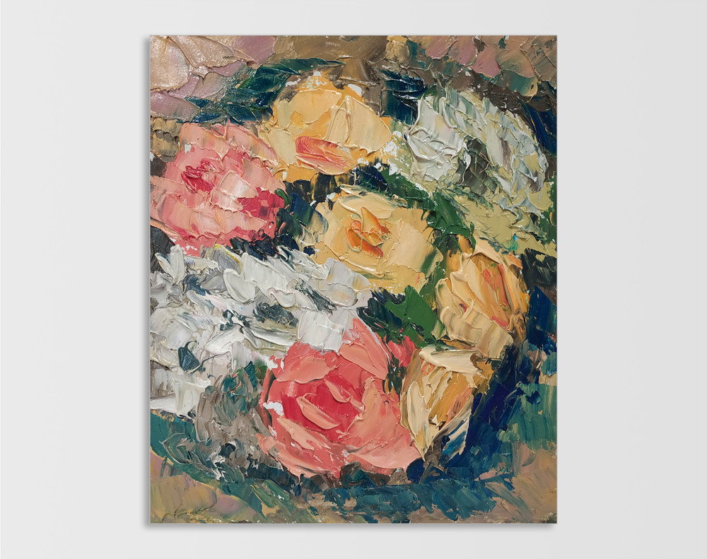 Original oil painting Roses bouquet Flowers Wall art Abstract artwork 10 x 12 in