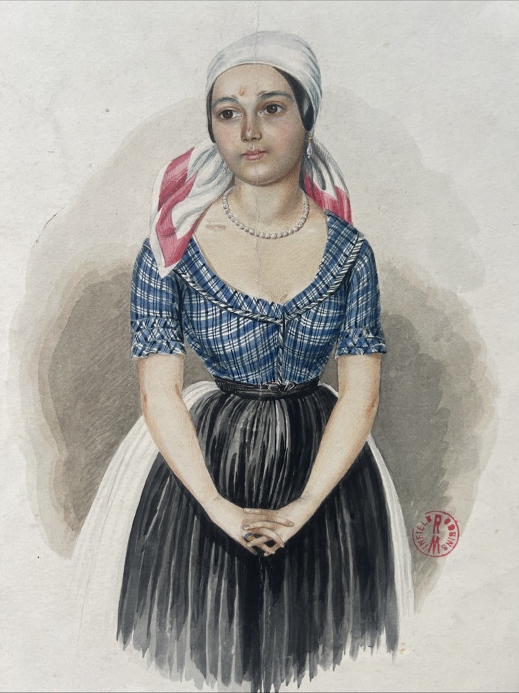 Grand Tour 1840s French/English Watercolor of Standing Peasant Woman Continental