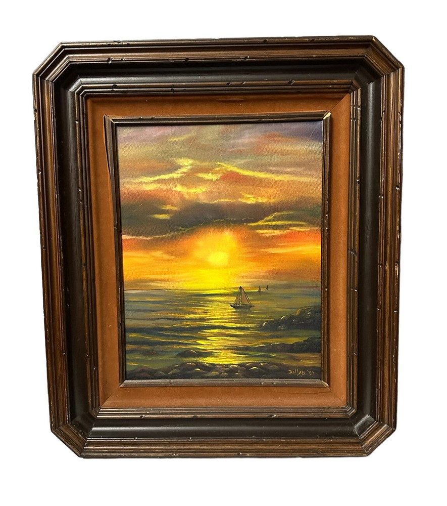 Vintage 1987 Oil Painting Seascape Sunset Signed Dolly B. Wood Framed 21”x18”