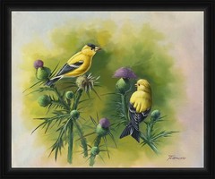 Yellow Goldfinch Original Oil Painting on Canvas with Thistle Flowers, Bird Art