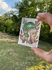 ACEO #17 Red Mushroom / Green Leaves Watercolor Art Trading Card, 3.5×2.5 inches