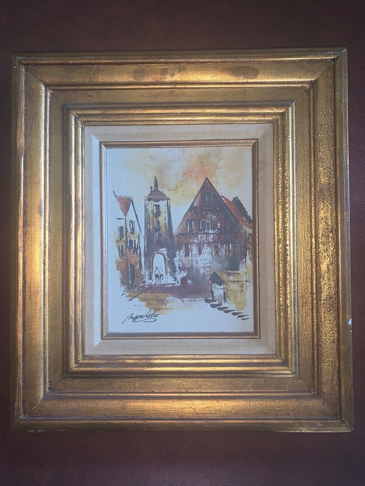 Adrian Marchello Painting Village Scene Oil on Canvas Wide Gold Frame Vintage
