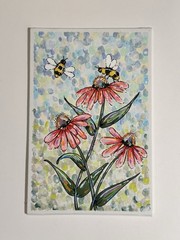 Bee And Daisy Painting, Small Art, 4×6”, Heartfelt_by_robin, Aceo, Bumblebee