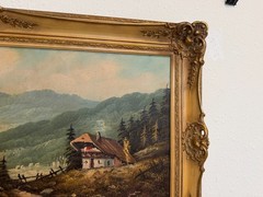 Large VTG Alpine Mountain Landscape Oil Painting European Cabin Framed Signed