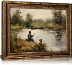 Vintage Gold Framed Wall Art Boy Fishing Country Oil Painting Canvas Prints Peac