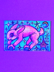 Original ACEO Artist Trading Card Painting Neon Blacklight Colorful Lunar Rabbit