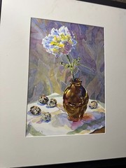 Grace Bracegirdle (1944 – 2023) „Quail Eggs And Carnations“ WC Painting – Framed