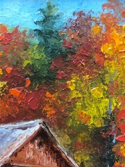 Original Oil Painting in Frame House Forest Hut Miniature 6x4in