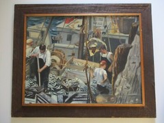 Antique Painting Fisherman Workers Industrial Regionalism Wpa Style Nautical Oil