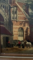 Dutch Oil On Board Painting Of A Town Scene 14”x10” Horses People