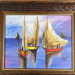 Pair Vtg Haitian MCM Sailboat Oil Paintings Signed Jack 8×10 Carved Wood Frames