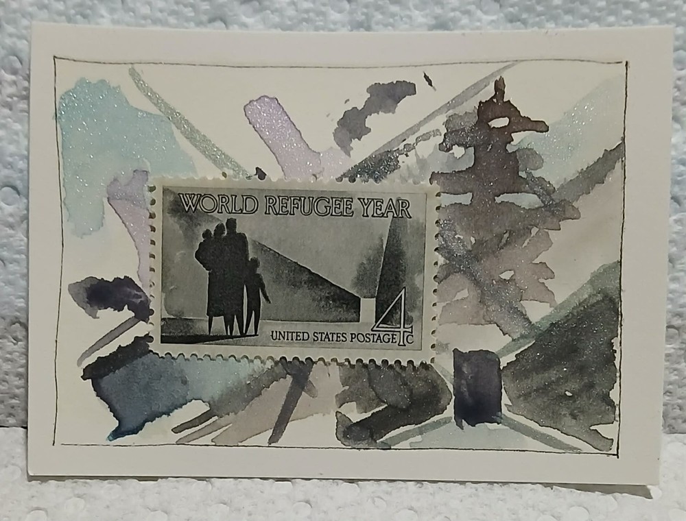 Postal Whimsy Refugee Year OOAK Abstract ACEO 4¢ Stamp by Virginia Watercolor