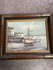 Signed Toroella Harbor Scene/Ship/Wharf Oil on Canvas Painting