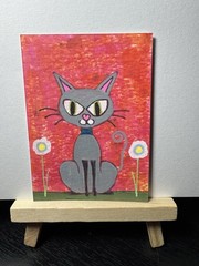 ACEO Original Acrylic Art Card Cat with Flowers Hand Painted 2.5 x 3.5 Inches