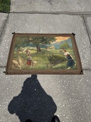 Large Antique Original Oil ? Tapestry Painting Farm Landscape 43”Wx30”Tall