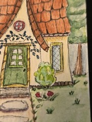 ACEO Original Watercolor Ink Painting 2.5×3.5 Whimsical Cottage Folk Art OOAK