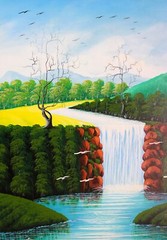 OIL PAINTING ON CANVAS SIGNED GORGEOUS LANDSCAPE RIVER WATERFALL FOREST
