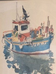 Vintage 1993 OOAK Watercolor Painting; Boat In The Harbor On Water;Matted,Framed