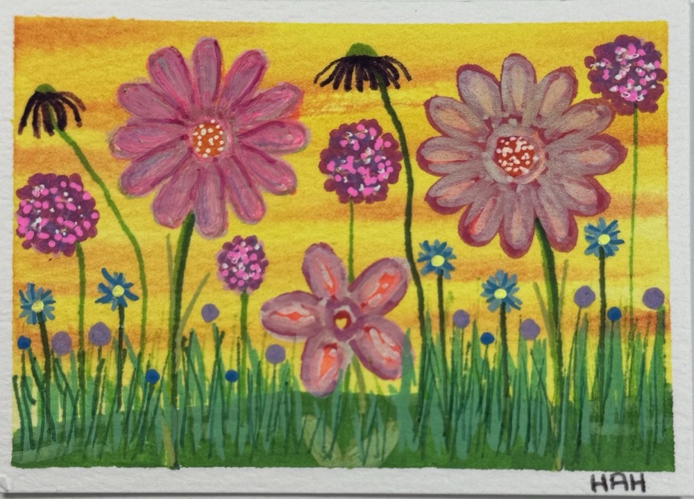 ACEO Original Handmade Acrylic Mini Painting 2.5 X 3.5 Spring Floral Landscape
