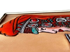 Handcrafted 3D Leather Art Of Mongolian Woman Walnut Frame Traditional Clothing