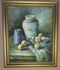 Original Painting (oil?) On Canvas Still Life Fruit Vase Signed Art 24×20