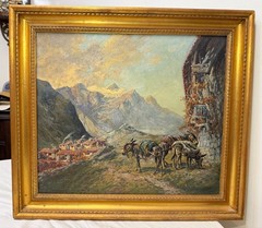 Vintage original Wolfang Pogzeba donkey mountain oil painting on board landscape