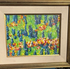 Vintage Original Oil Painting Framed Unsigned Hyacinth Wild Flowers Field Grass