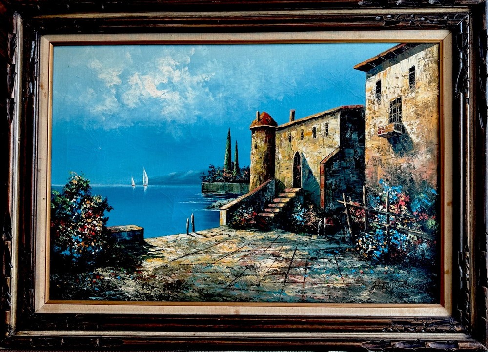 Antique ITALIAN LAKE LANDSCAPE VILLA SIGNED R.BURTON OIL PAINTING, Large 44”x32