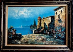 Antique ITALIAN LAKE LANDSCAPE VILLA SIGNED R.BURTON OIL PAINTING, Large 44”x32