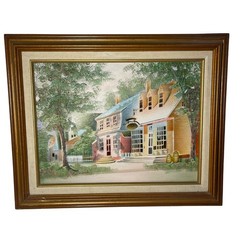Vintage Colonial Williamsburg Village Oil Painting Signed Wood Gold Frame 21×17
