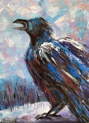Original mini oil painting Screaming Black Raven on Snow wall decoration