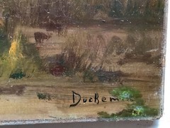 19th FRENCH BARBIZON Duchemin SUNSET LANDSCAPE Signed Rare Vintage Oil on Canvas